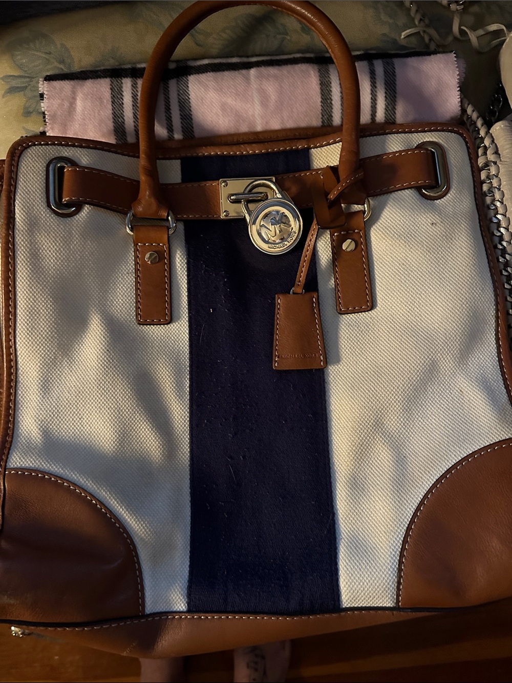 Michael Kors White Canvas Tote with Navy Stripe and Brown Leather Trim